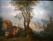 Peasants on a wagon near a river going through a village Jan Brueghel